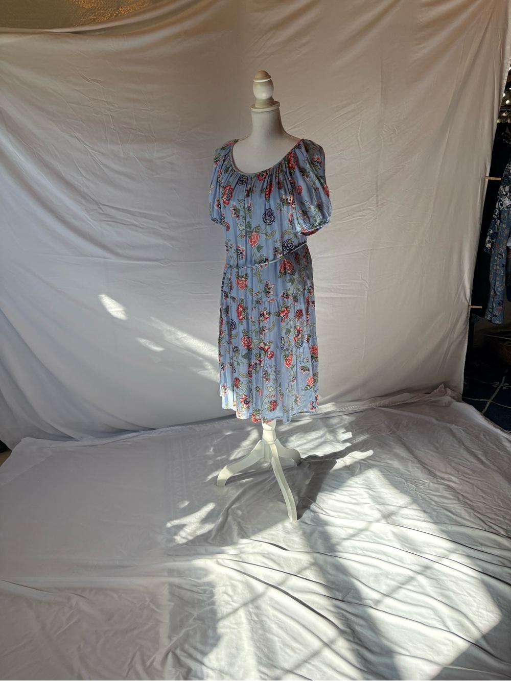 Light Blue Floral Short-Sleeve Midi Dress